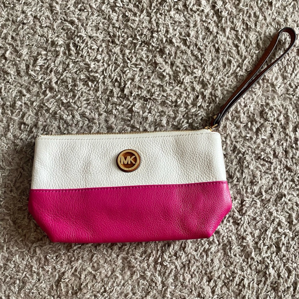 Michael Kors MK Pink and White Colorblock Leather Wristlet